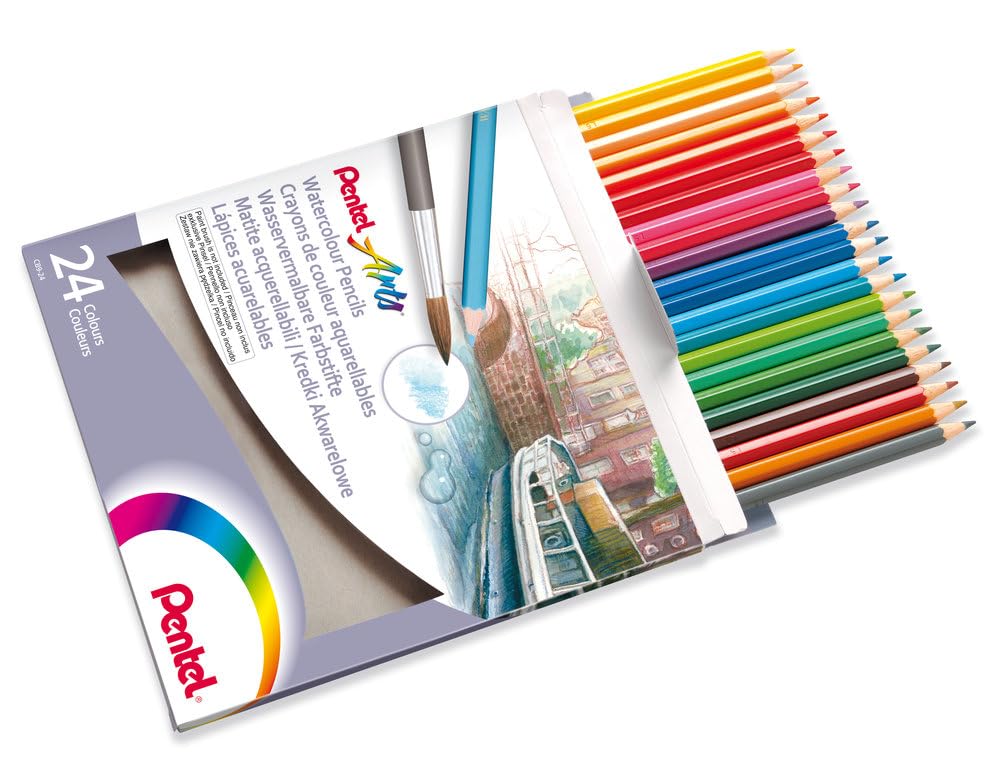 Pentel Arts Watercolour Pencils, Non-Toxic Assorted Colour Set, Artist Quality for Professional works or Art Therapy or Adult Colouring, CB9-24, Set of 24