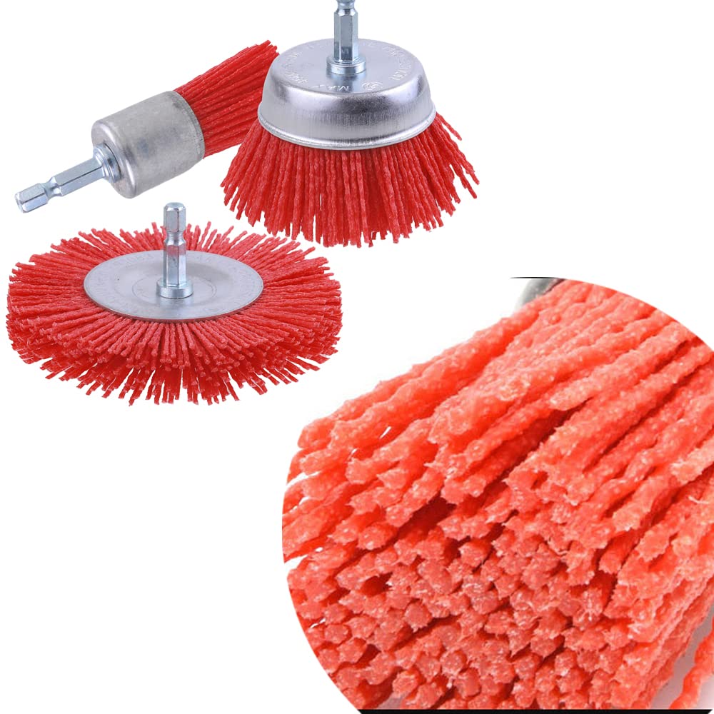 AOKLIT 9 Pack 80 Grit, 120 Grit, 240 Grit Nylon Filament Abrasive Wire Brush Wheel & Cup Brush Set with 1/4 Inch Hex Shank, for Removal of Rust/Corrosion/Paint