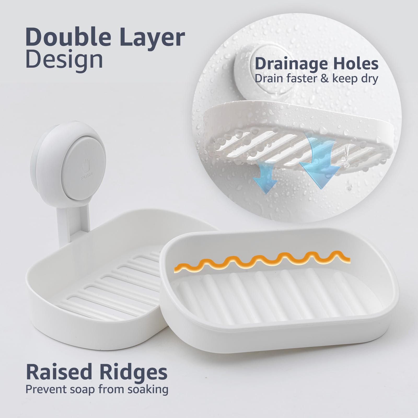 LEVERLOC Suction Cup Bar Soap Holder for Shower, Soap Dish for Bathroom Bathtub Wall, Wall Mounted NO-Drilling, Plastic Self Draining, Removable