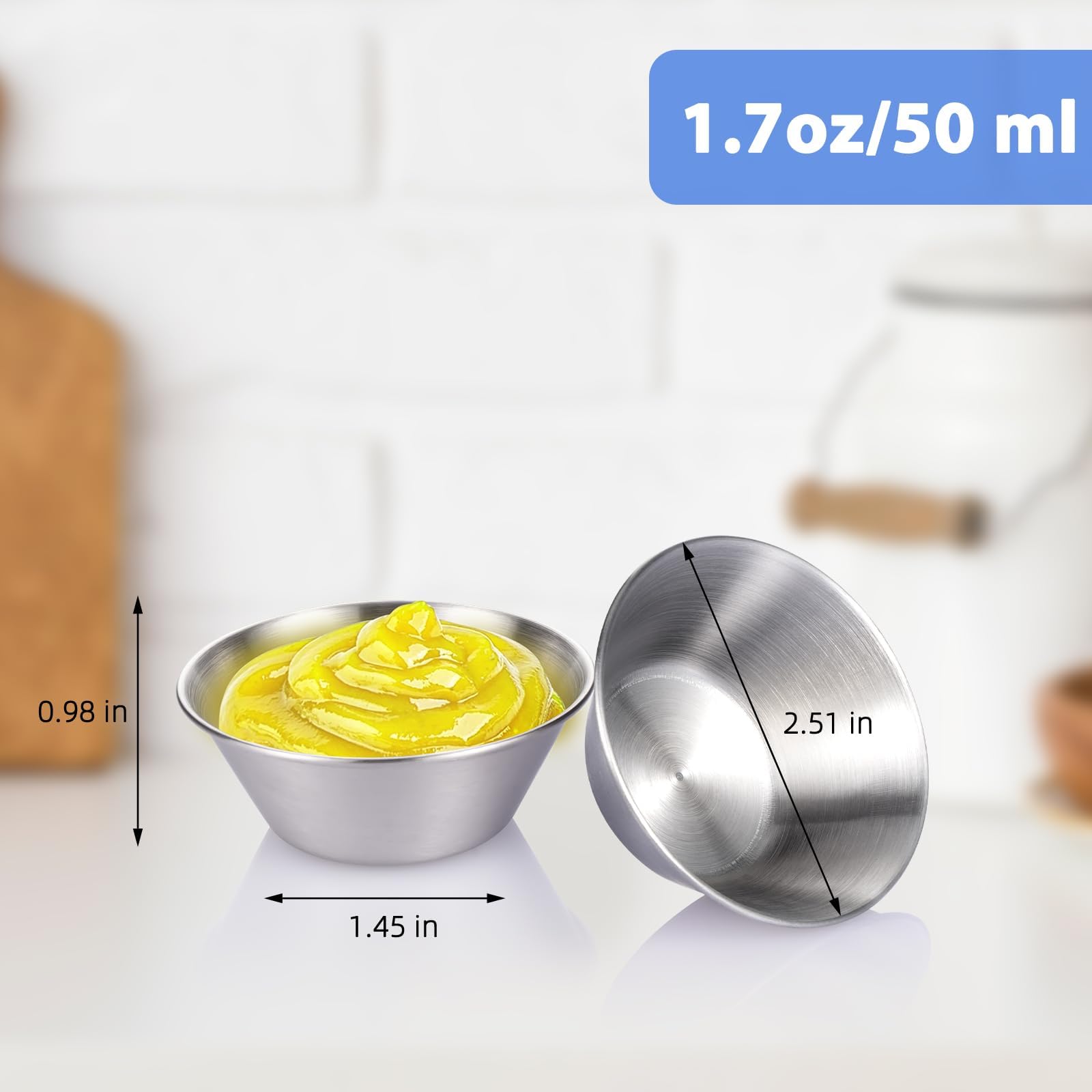 Witheeyou 50 Pack Stainless Steel Sauce Cups, 1.7 oz/50ml Reusable Dipping Sauce Cups, Commercial Grade Round Metal Ramekins, Stackable Individual Condiment Container for Restaurants, Kitchen, Party