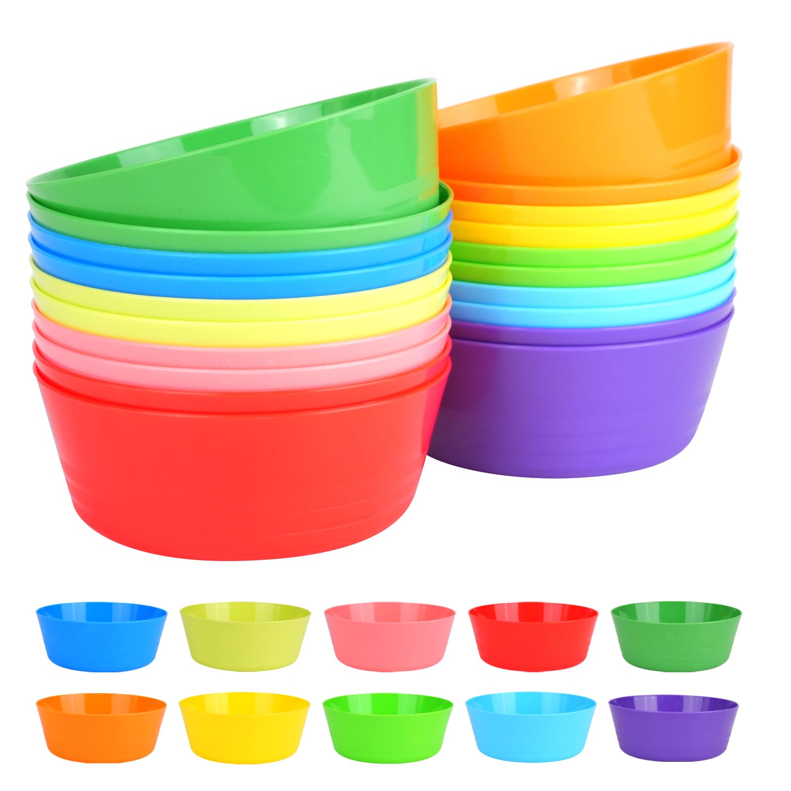 RUITENG 20Pcs Reusable Plastic Bowls, 300ML/10oz Multi Coloured Plastic Serving Bowls, Unbreakable Plastic Bowls, Small Bowls for Snack Salad Fruit Breakfast Cereal Soup(10 Colors)