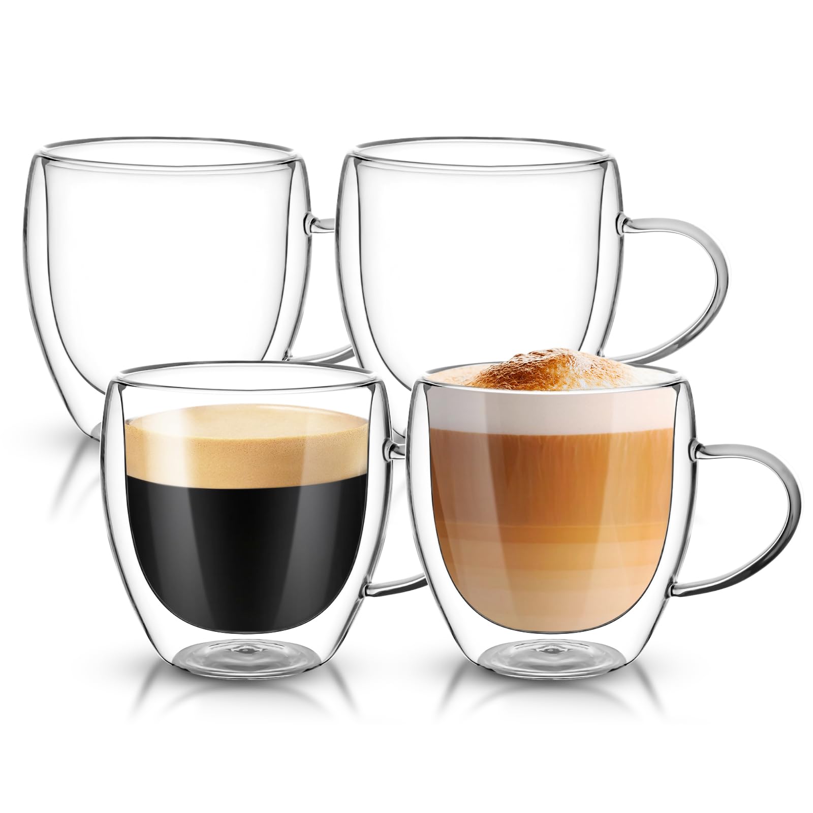 Dyserbuy 4 Pack Cappuccino Glass Mugs, Double Wall Insulated Glass Coffee Mugs with Handle, Drinking Glasses Cups, Perfect for Cappuccino, Latte, Espresso, Tea, Juice, Beverage (250ml/ 8.5oz)