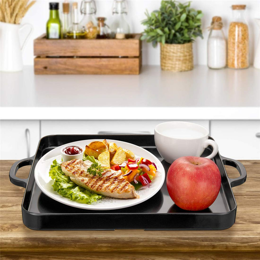 HSDT Black Melamine Serving Tray with Handles 15.3"x12.6" Square Flat Spillproof Tray Set of 2