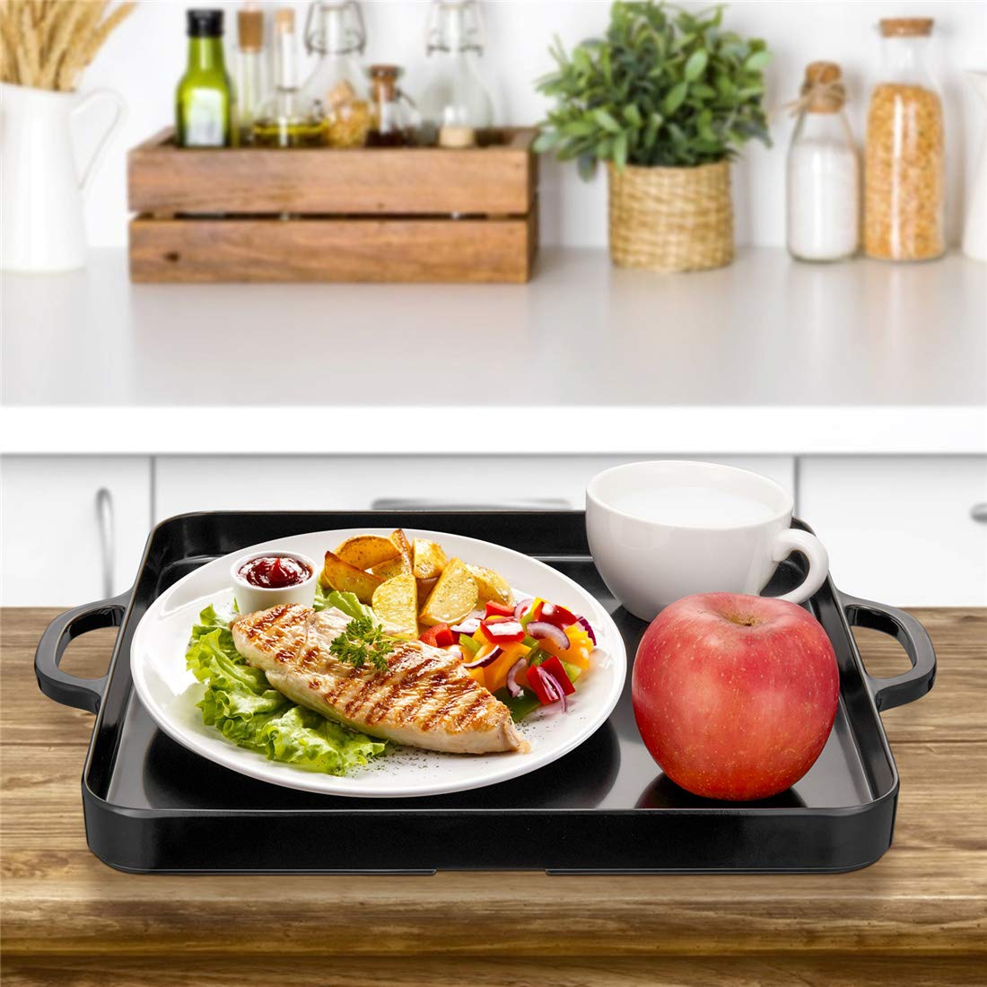 HSDT Black Melamine Serving Tray with Handles 15.3"x12.6" Square Flat Spillproof Tray Set of 2