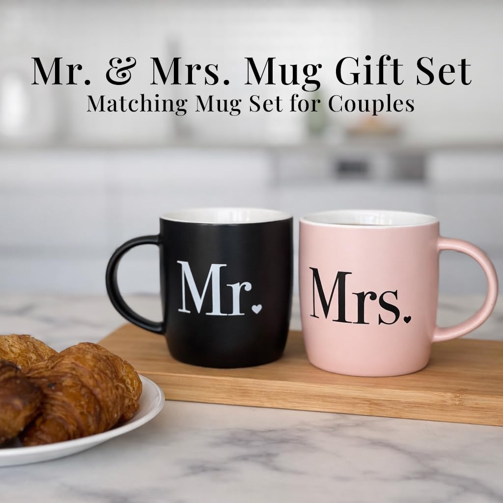 Triple Gifffted Mr and Mrs Coffee Mugs Couples Gifts Ideas for Wedding Anniversary Engagement Valentines Christmas His Hers Present Husband Wife Him Her Men Women, Bride Groom Newlyweds, Ceramic 13Oz