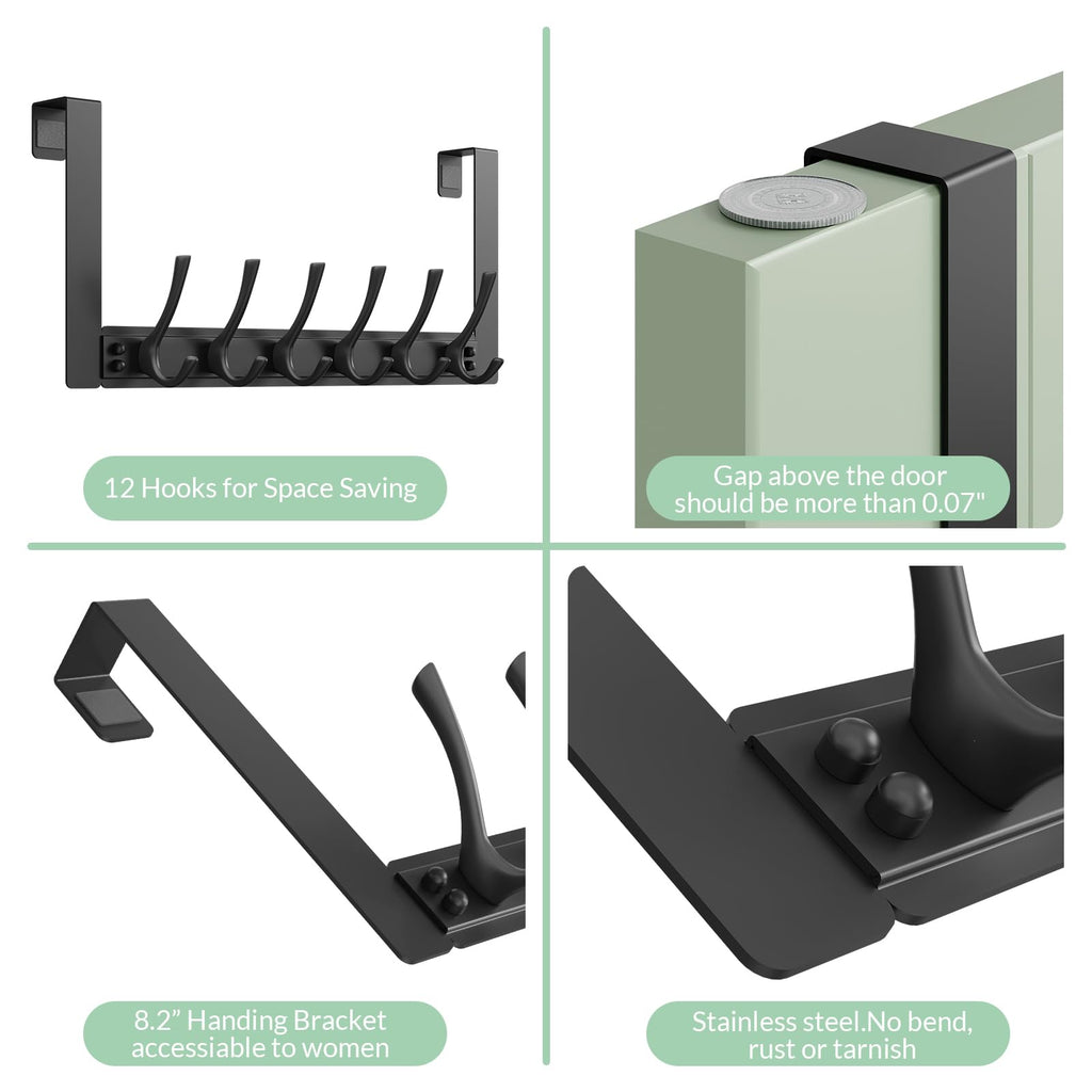Over The Door Hooks,WLCSNG Door Hanger Hook with 6 Hooks for Hanging-Space-Saving Over The Door Towel Rack,Sturdy Towel Hanger for Bathroom,Guaranteed Quality & Compressed Packaging. (1, Black)