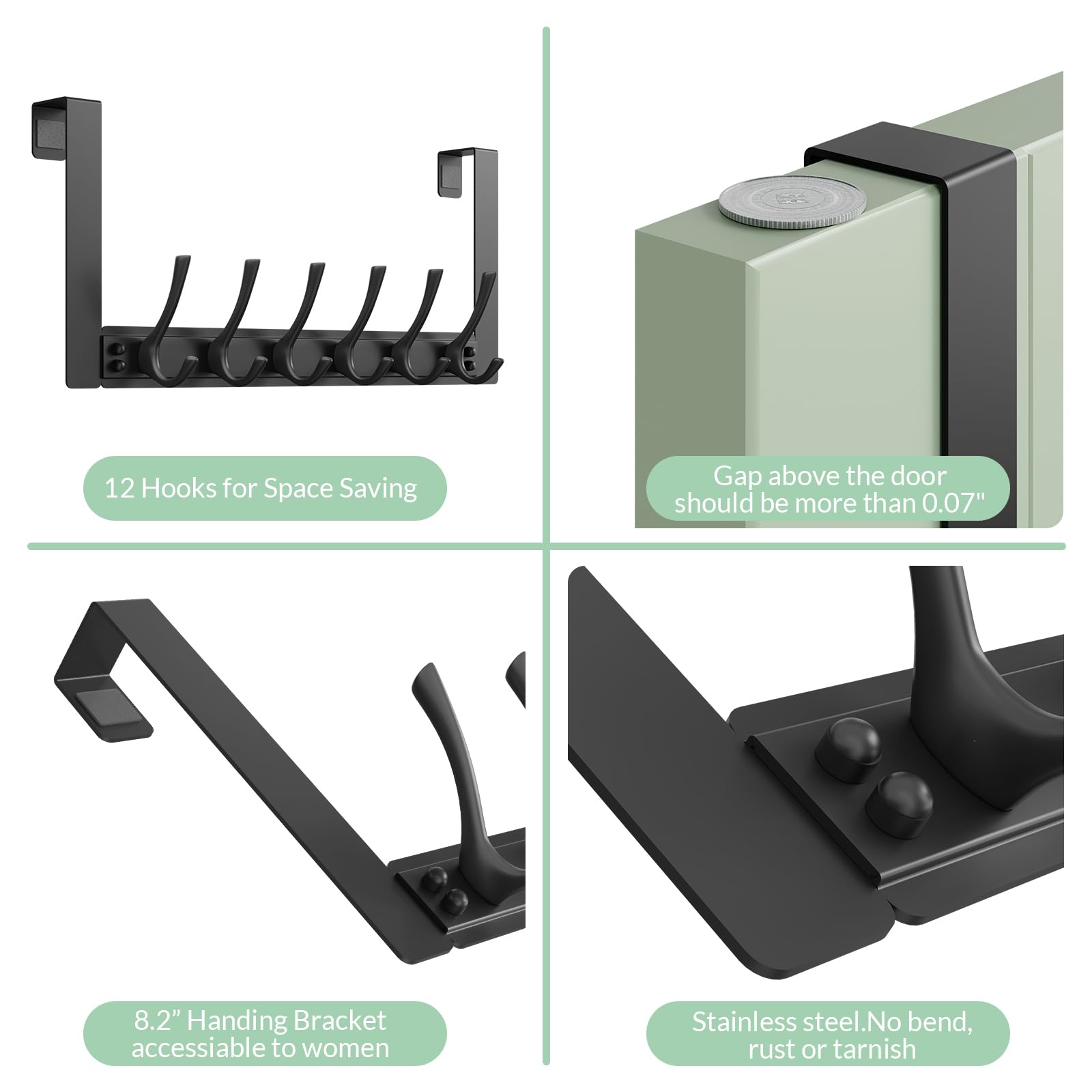 Over The Door Hooks,WLCSNG Door Hanger Hook with 6 Hooks for Hanging-Space-Saving Over The Door Towel Rack,Sturdy Towel Hanger for Bathroom,Guaranteed Quality & Compressed Packaging. (1, Black)