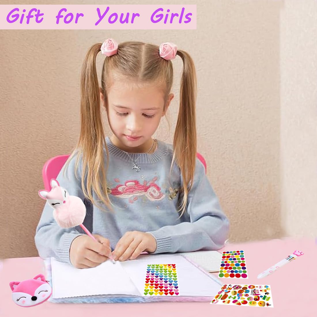 Girls Diary with Lock,Gifts for 7 8 9 10 11 12 Year Old Girls Journal for Kids with Bookmarks Sticky Notes Pom Pom Pen Notebook for Writing and Drawing