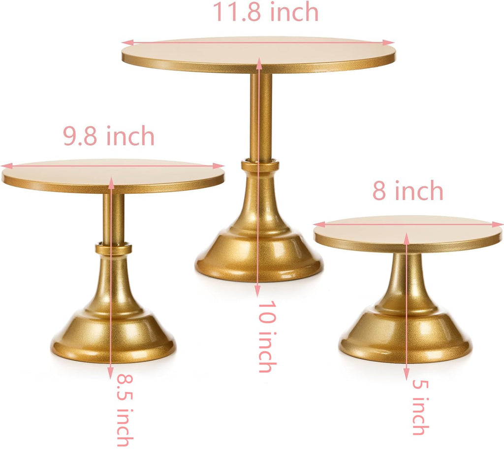 yarlung 3 Pack Gold Cake Stands, 8/10/12 Inch Metal Cupcake Display Stand Pillar Style Dessert Stand for Wedding, Party, Birthday, Celebration, 3 Sizes