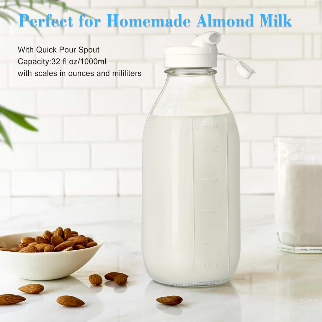 Liter Milk Container for Fridge w Scale and 2 Pour Spouts, 100% Airtight Lid - 4 Pack 32 Oz Glass Bottles w Lids - Juice Jugs for Almond Milk, Honey, Yogur - Dishwasher Safe,(Extra 2 Lids)