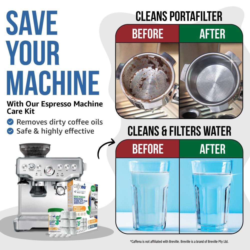 Caffenu Kit Compatible with Breville Espresso Machines. 52 Espresso Machine Cleaning Tablets & 6 Water Filters. Helps Remove Coffee Oil Build-Up. 1 Year Supply Kit Compatible with Breville
