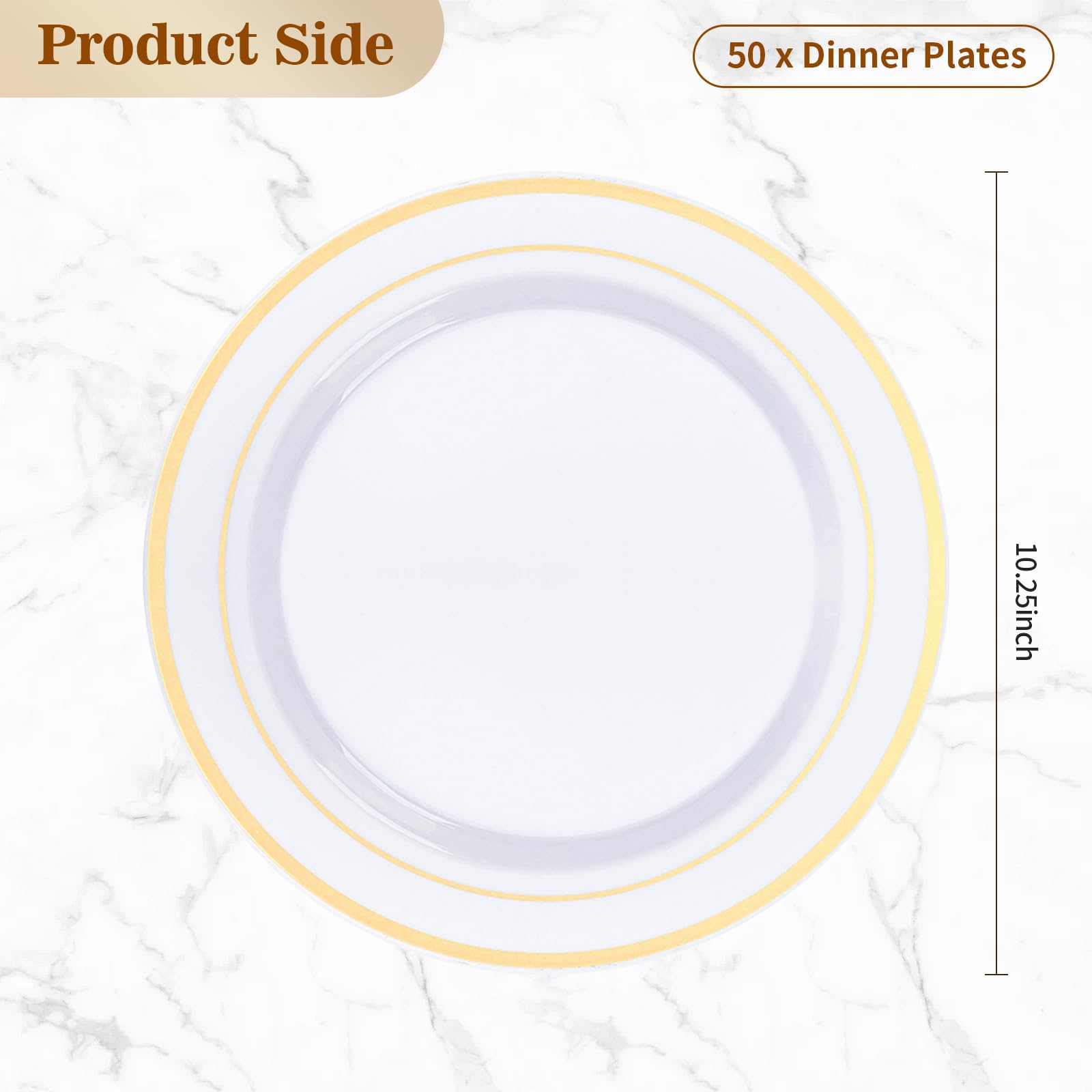 Goodluck 50PCS Gold Plastic Plates, 10.25 Inch Disposable Dinner Plate Party with Gold Rim, Heavy Duty Disposable Plastic Plates for Party, Wedding and Birthday
