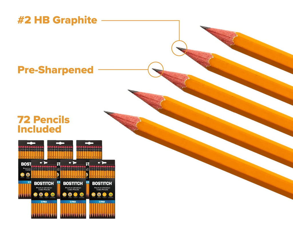 Bostitch Premium #2 Pencils, American Cedar Wood, Pre-Sharpened, HB Graphite, 72-Pack