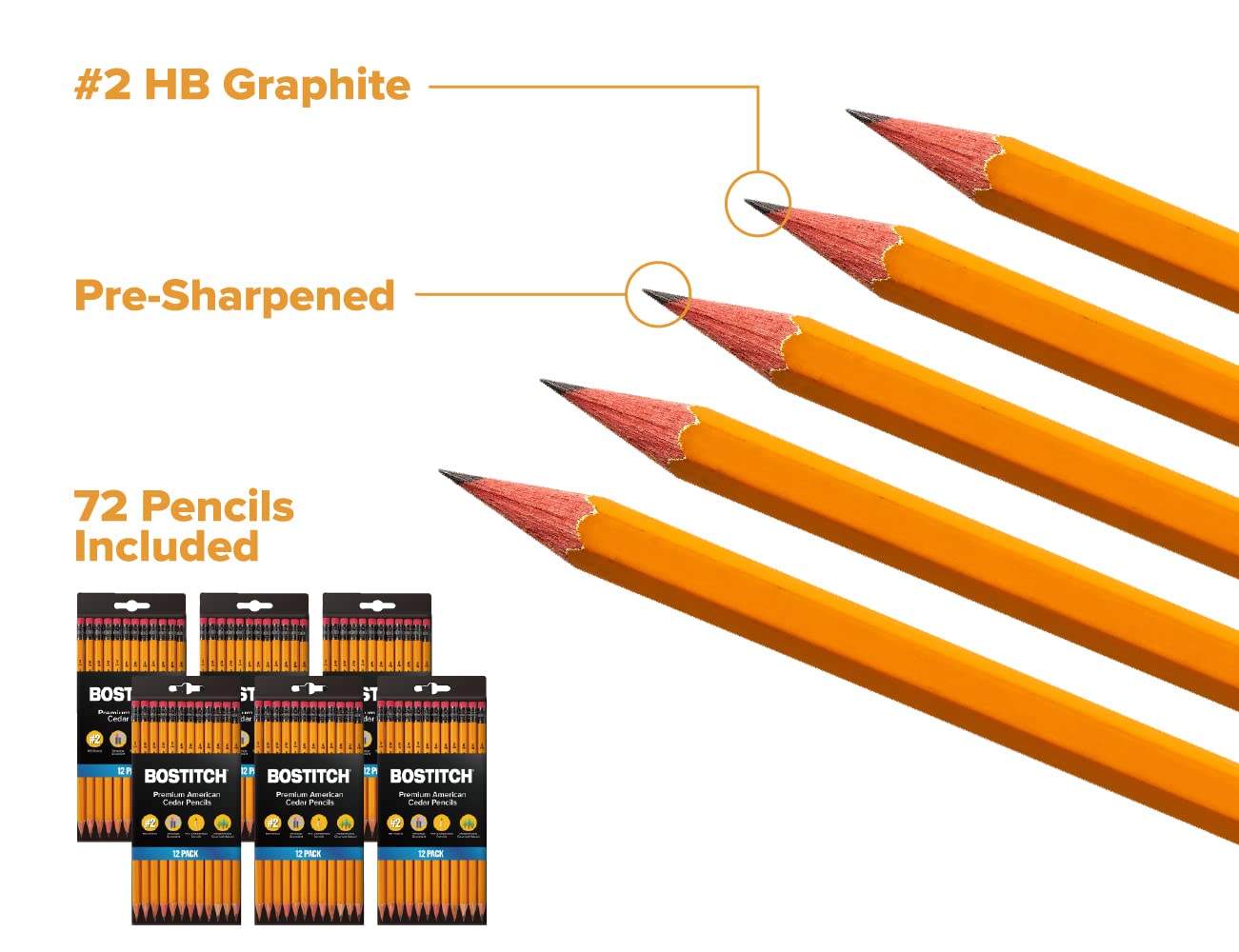 Bostitch Premium #2 Pencils, American Cedar Wood, Pre-Sharpened, HB Graphite, 72-Pack
