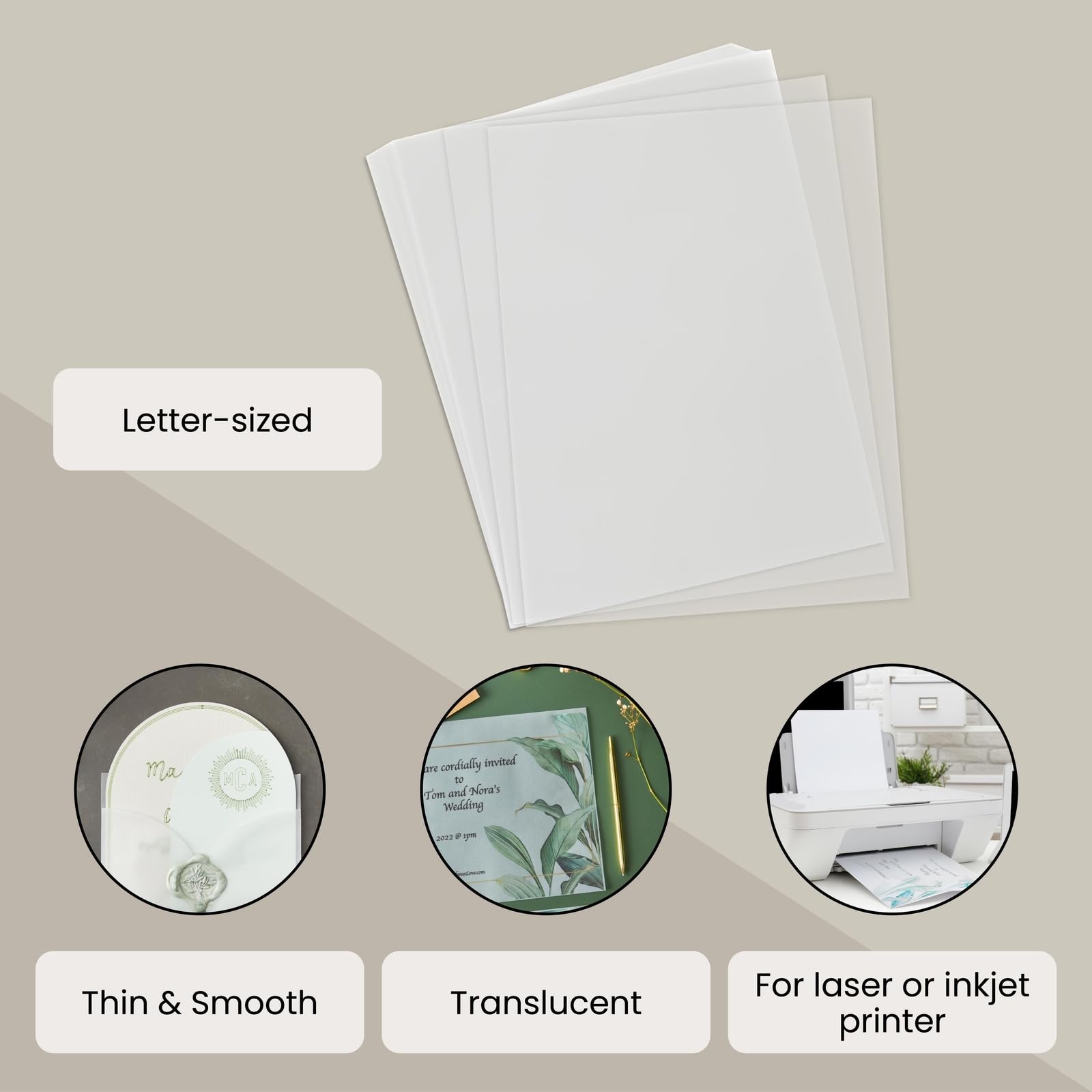 100 Sheets 8.5 x 11 in Translucent Vellum Paper - 93gsm/63lb Printable Tracing Paper for Invitation, Sketching and Card Overlays