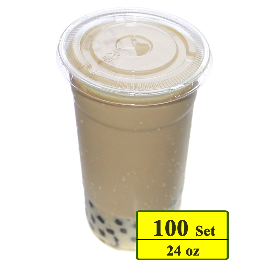 Belinlen 100 Sets 24 oz. Plastic Crystal Clear Cups with Flat Lids for Cold Drinks, Iced Coffee, Bubble Boba, Tea, Smoothie etc. (Coming with Extra 20 lids as Bonus)