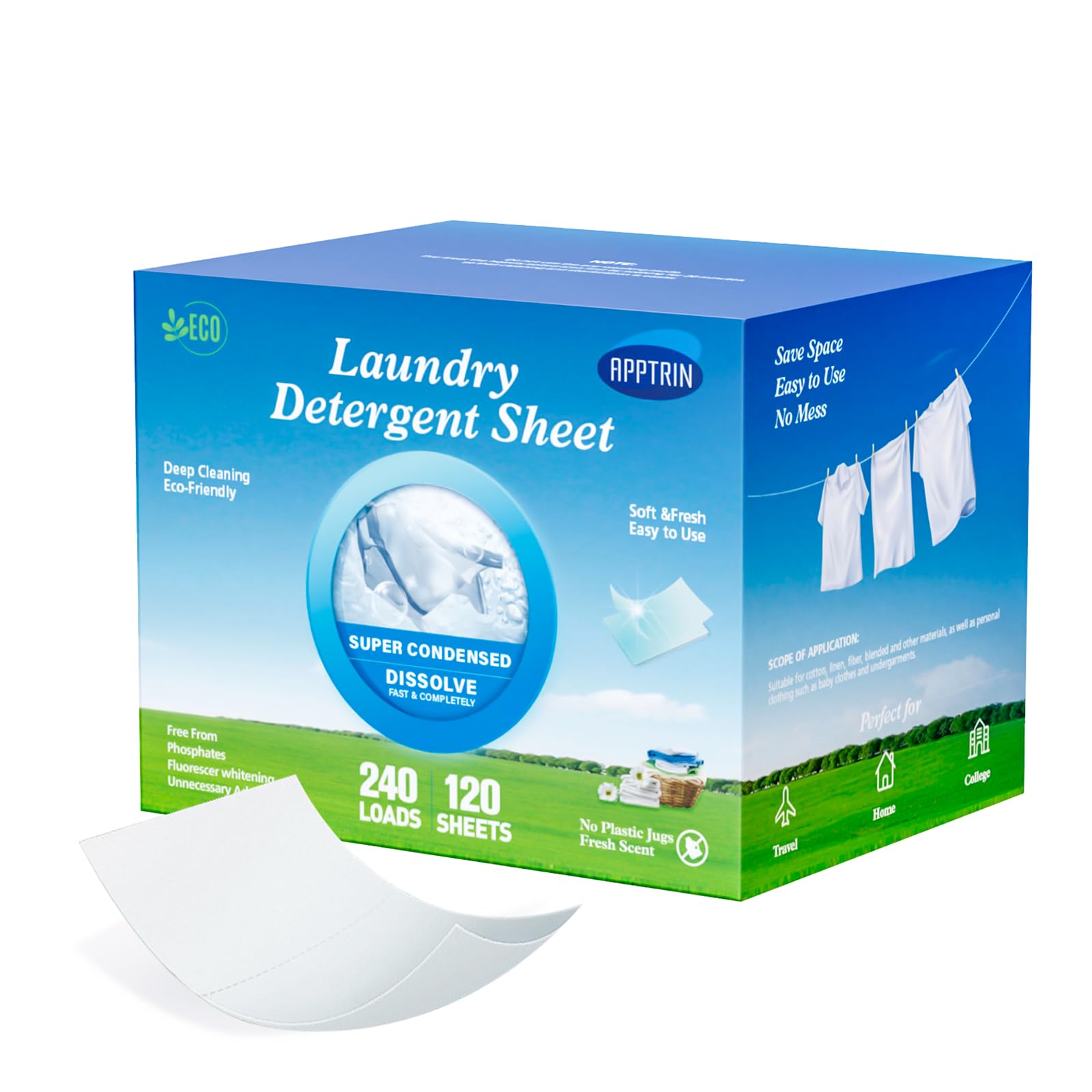 APPTRIN Laundry Detergent Sheets Up to 240 Loads (120 Sheets) Plastic Jug-Free Packaging Laundry Detergent Strips Hypoallergenic&Readily Biodegradable Eco-Friendly Fresh Peony Scent for Travel Home
