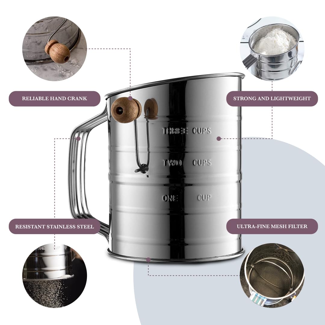 Bellemain 3 Cup Flour Sifter for Baking Fine Mesh Rotary Hand Crank with Loop Agitator for Quick Sifting, Flour Sifter Stainlees Steel