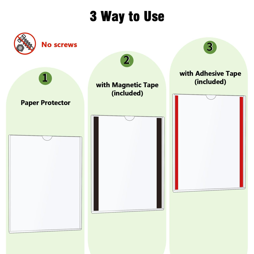 Mutualsign 10 Pcs Wall Sign Holder 8.5"x11" Magnetic Sign Holder, Rigid Print Protectors with Adhesive & Magnetic Tapes, Wall Mount Plastic Paper Holder for Office Store Home Window Display (Clear)