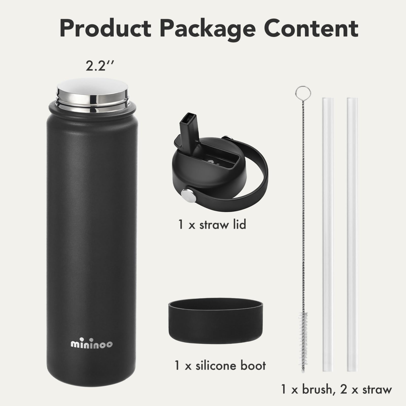 Insulated Stainless Steel Water Bottle with Straw, Ceramic-Lined, BPA-Free & Leak-Proof, 24 oz, Black