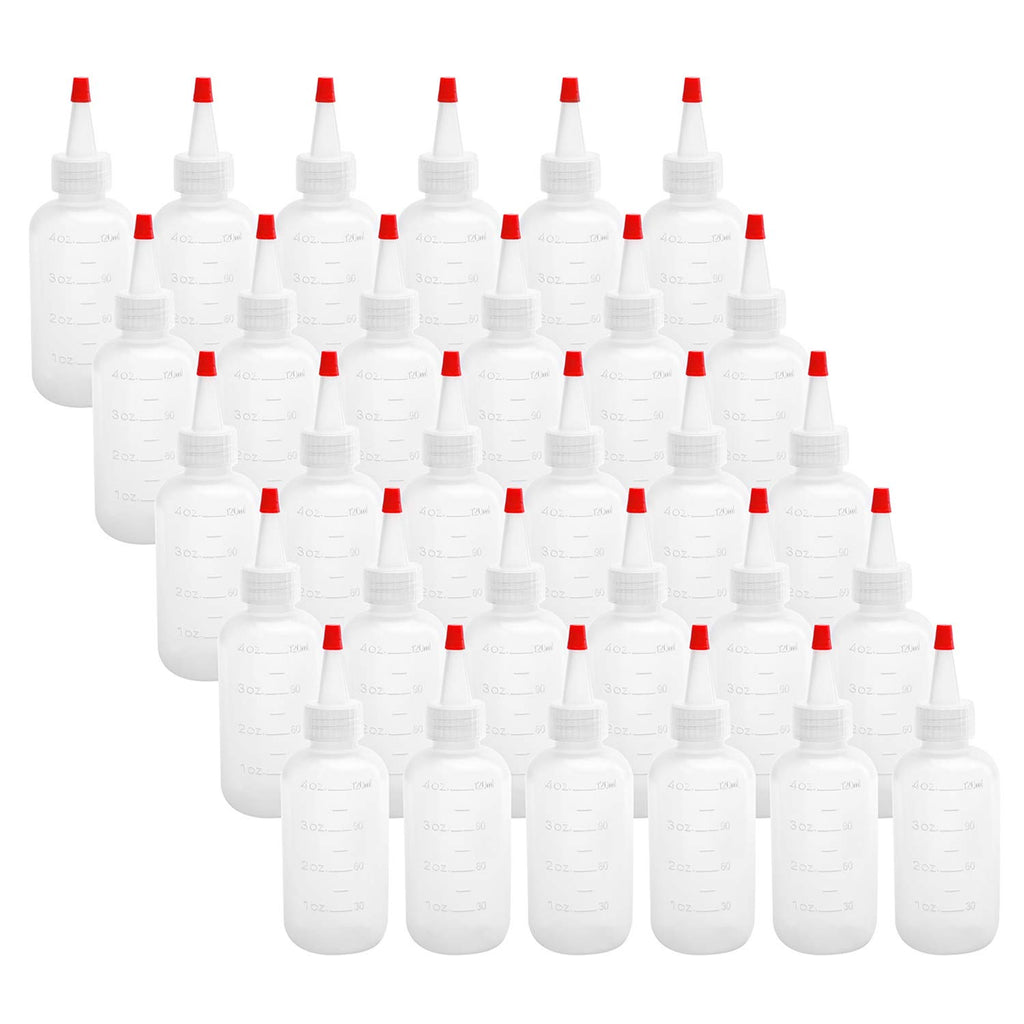Hedume 30 Pack 4-Ounce Plastic Squeeze Bottles with Red Tip Cap and Measurement - BPA-Free, Latex-Free, Food-Grade - Good for Crafts, Art, Glue, Sauces