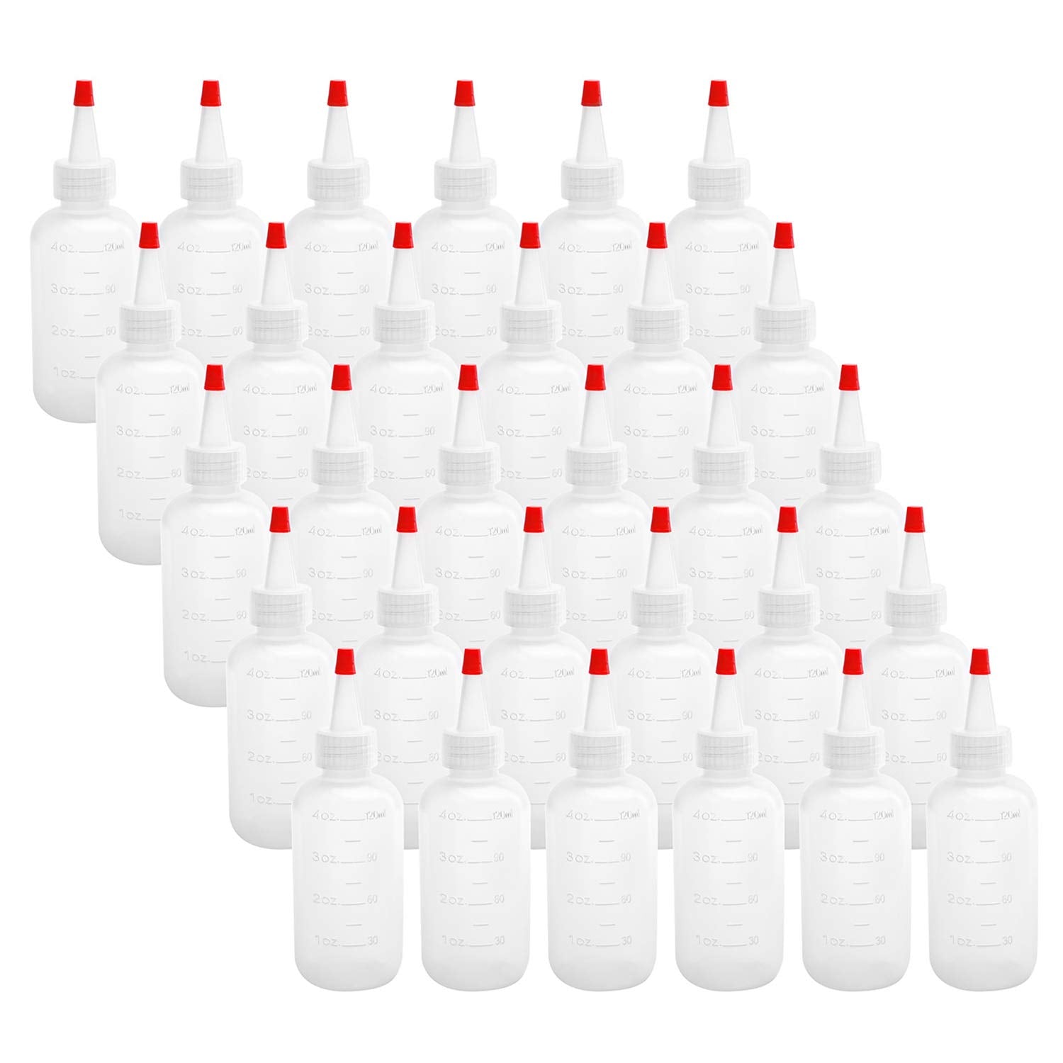 Hedume 30 Pack 4-Ounce Plastic Squeeze Bottles with Red Tip Cap and Measurement - BPA-Free, Latex-Free, Food-Grade - Good for Crafts, Art, Glue, Sauces