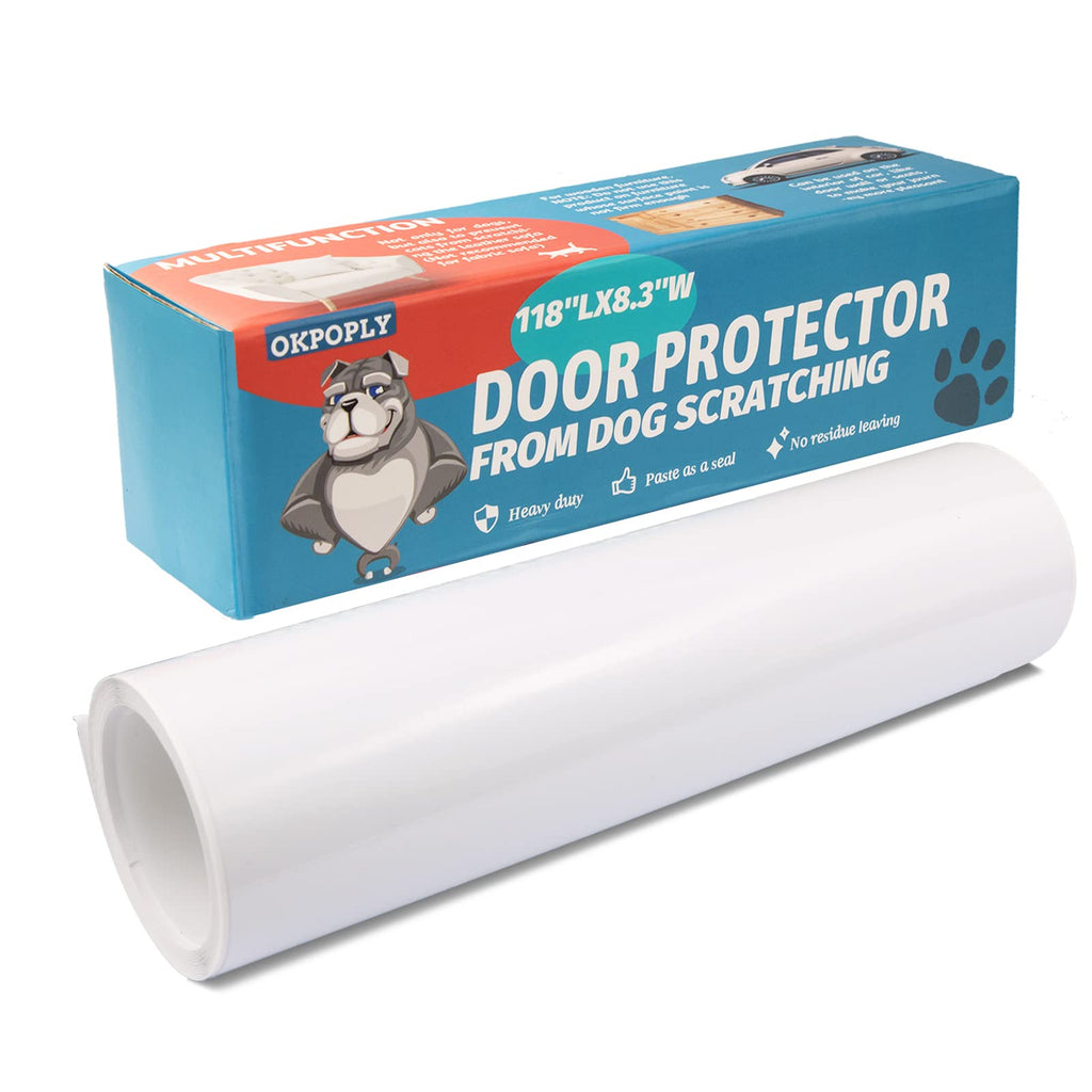 OKPOPLY Door Protector from Dog Scratching, 118'' X 8.3'', Clear Vinyl Dog Scratch Door Protector Heavy Duty Anti Claw Shield Guard for Wall Window Furniture, w/Scraper