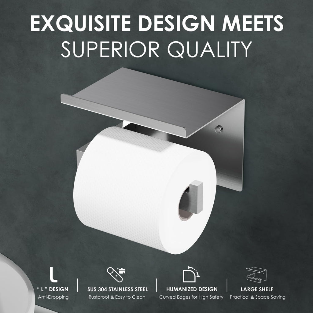Auxmir Toilet Paper Holder with Shelf, SUS304 Stainless Steel Toilet Paper Roll Holder, Self Adhesive or Screw in Wall Mounted Toilet Tissue Holder for Bathroom Kitchen Washroom RV, Brushed Nickel