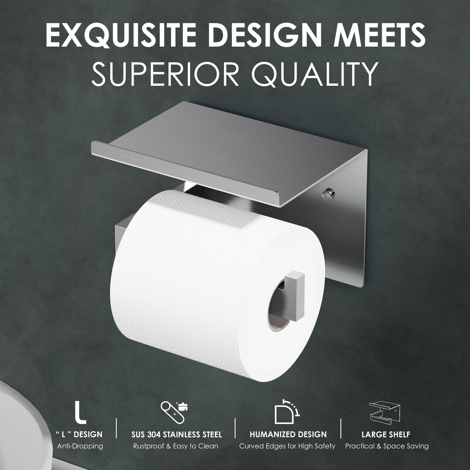 Auxmir Toilet Paper Holder with Shelf, SUS304 Stainless Steel Toilet Paper Roll Holder, Self Adhesive or Screw in Wall Mounted Toilet Tissue Holder for Bathroom Kitchen Washroom RV, Brushed Nickel