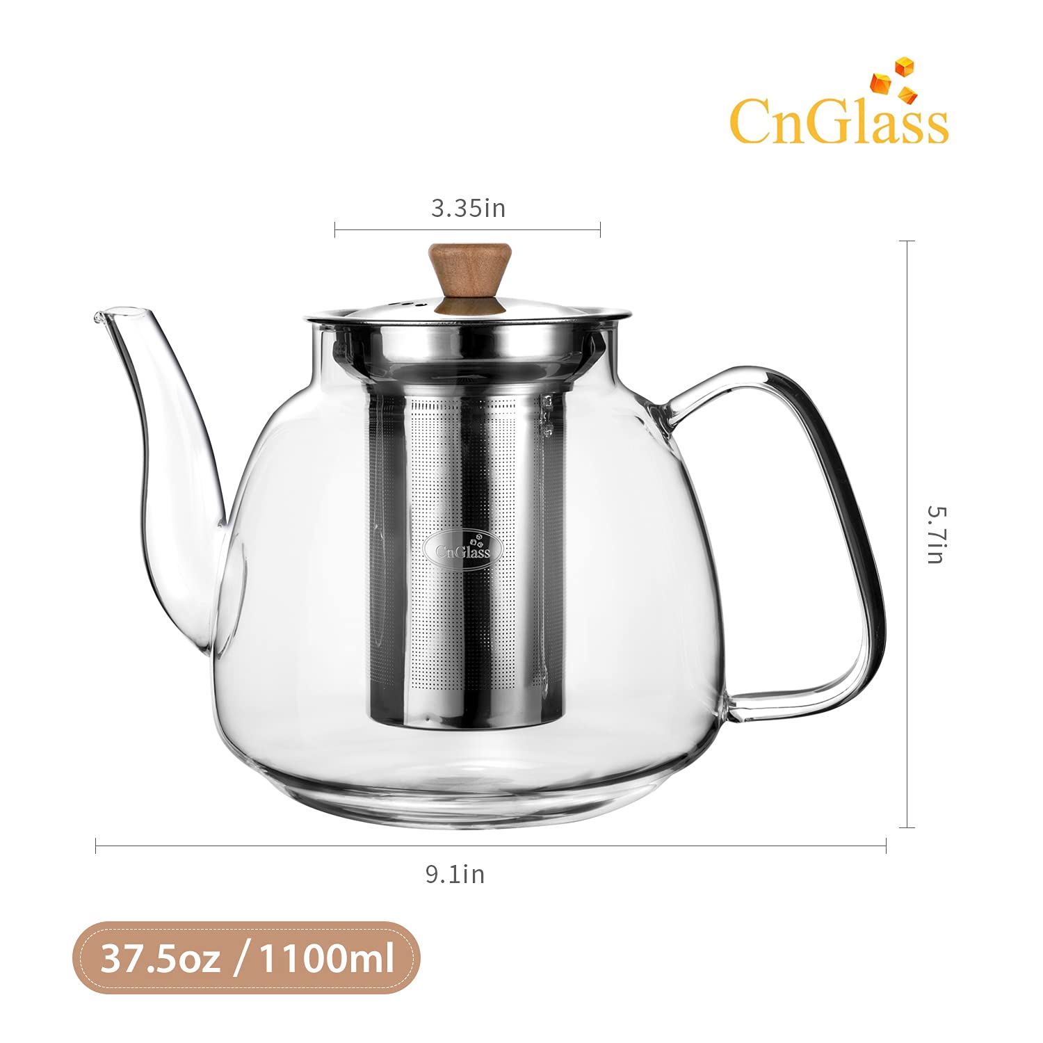 CNGLASS 1100ml Glass Teapot with Infuser,Clear Glass Tea Kettle with Removable Stainless Steel Strainer,Stovetop Safe Glass Teapot for Blooming and Loose Leaf Tea