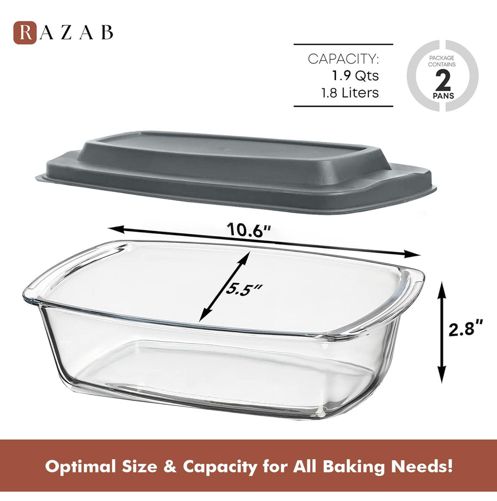Razab 7.6 Cups / 1800ml / 1.9 Qt Large Glass Loaf Pan with Lids (Set of 2) - BPA-Free Meatloaf Pan with Easy-Grip Handle - 10 x 5 in Bread Baking Pan, Microwave & Oven Safe