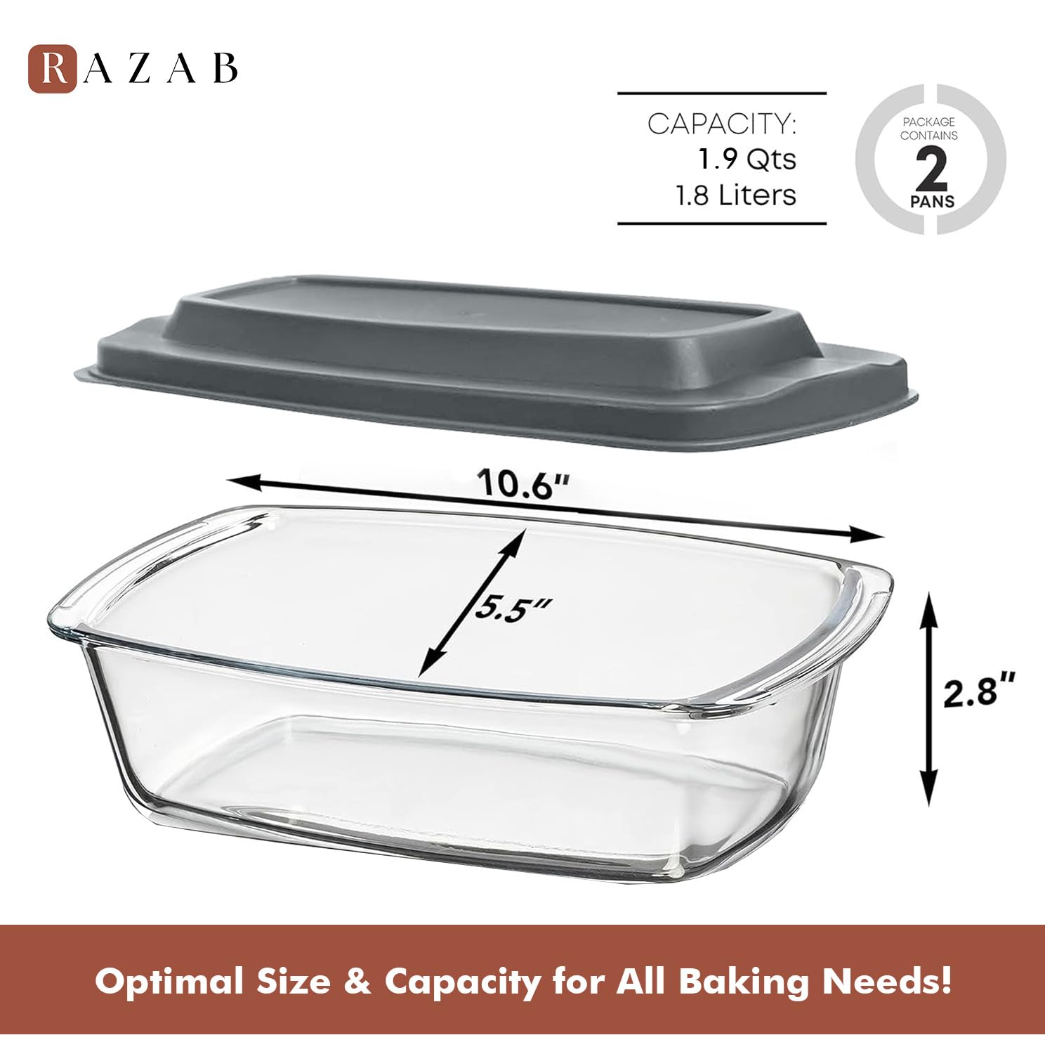 Razab 7.6 Cups / 1800ml / 1.9 Qt Large Glass Loaf Pan with Lids (Set of 2) - BPA-Free Meatloaf Pan with Easy-Grip Handle - 10 x 5 in Bread Baking Pan, Microwave & Oven Safe