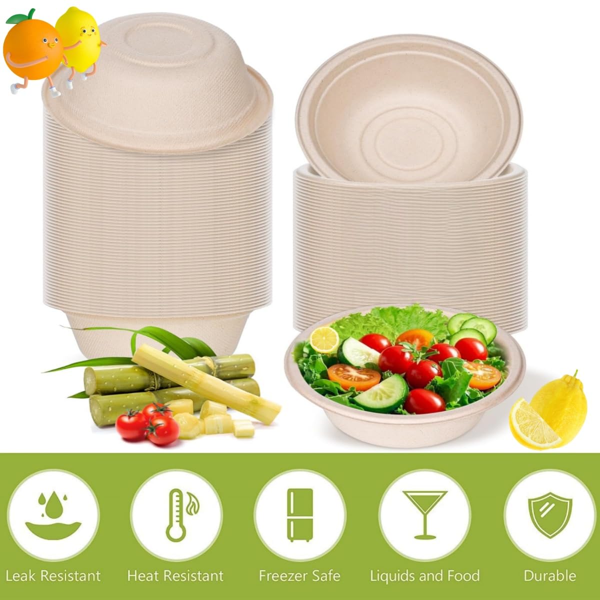 Salad Paper Bowl, Round Eco-Friendly Sugarcane Bowl, Compostable and Biodegradable Soup Bowl, Suitable for Salad, Dessert, Milk, Grains 12 Ounces, 150PCS