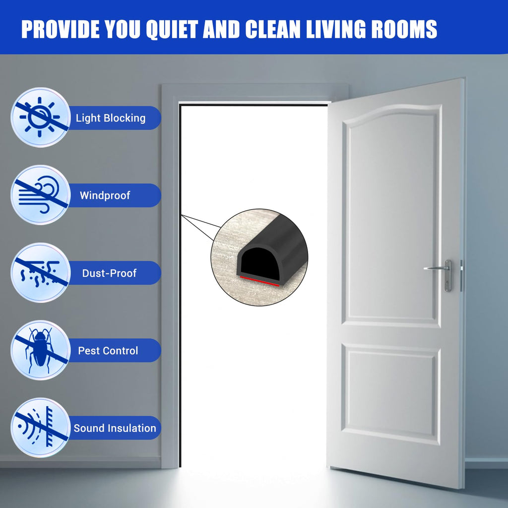 Weather Stripping Door Seal Self Adhesive Weather Strip Silicone D Shaped Door Seal Strip for Door Frame/Window Seal, 20Ft, Black (3/8" W × 1/4" T)