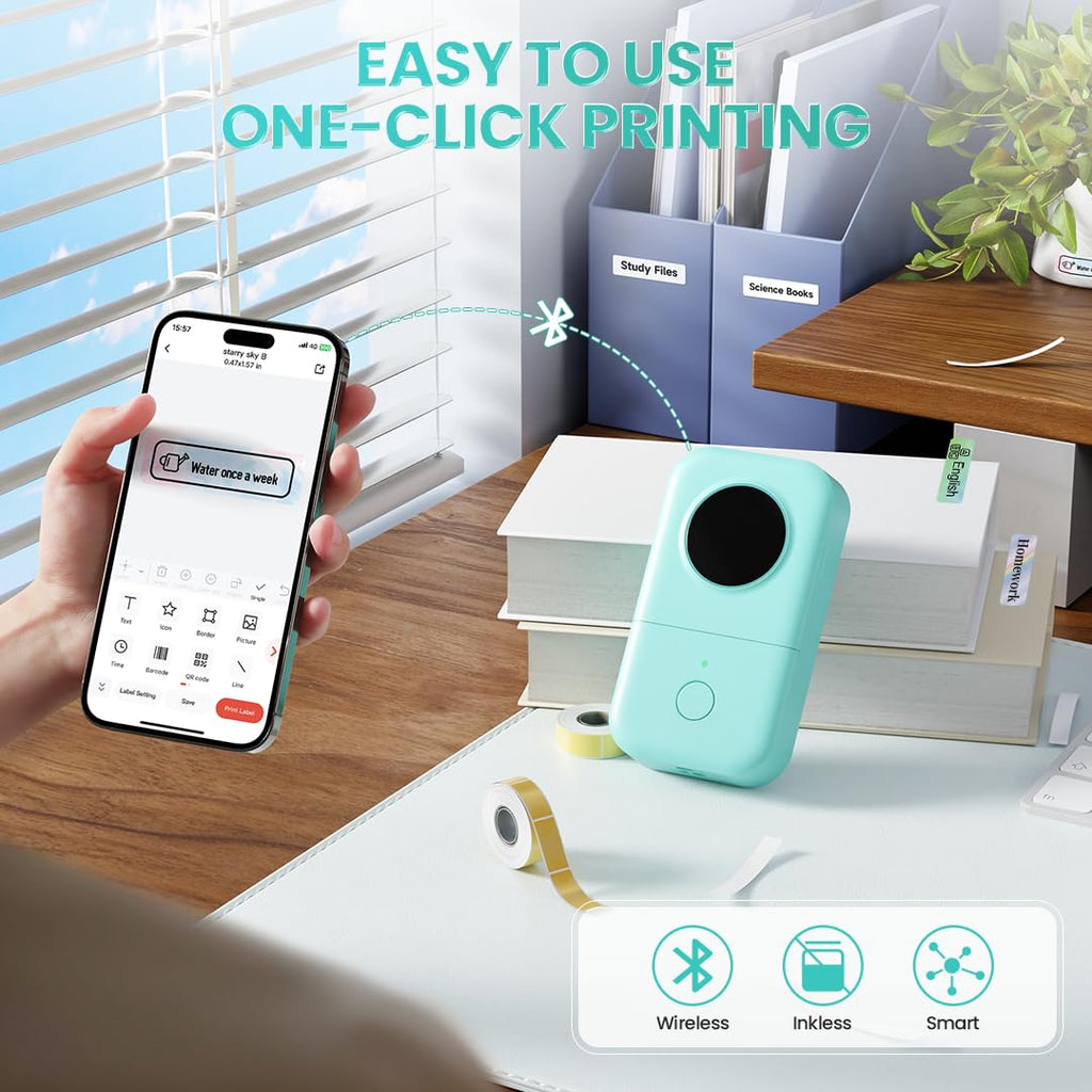 Phomemo D30 Label Maker Machine with Tape, Portable Bluetooth Label Printer, Small Smart Phone Handheld Sticker Mini Labeler Multiple Templates Font Icon Easy to Use Inkless Rechargeable F Office Home