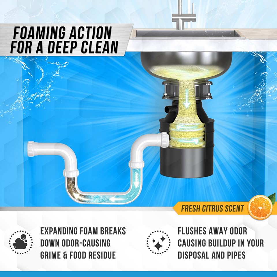 Garbage Disposal Cleaner Deodorizer Tablets - 24 Pack, New Powerful XL Foaming Tablet - Fresh Citrus Foam Sink, Garburator, Disposer Freshener, Kitchen Care - 1 Year Supply