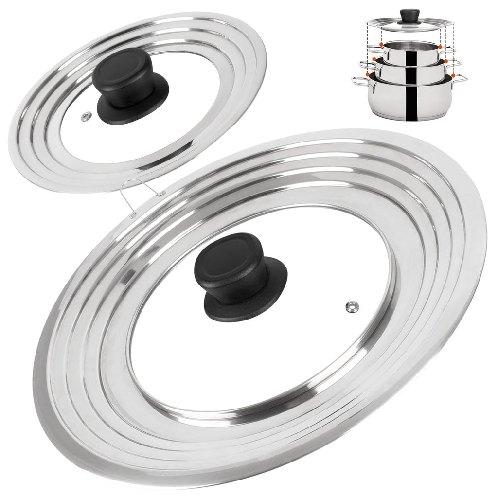 Universal Lid for Pots and Pans Skillets, Pan Cover with Tempered Glass Top Fits 6,7,8 Inch & 8.2, 9, 10, 11, 12 Inch Cookware, Stainless Steel Replacement Frying Pan Cover, Cast Iron Lids