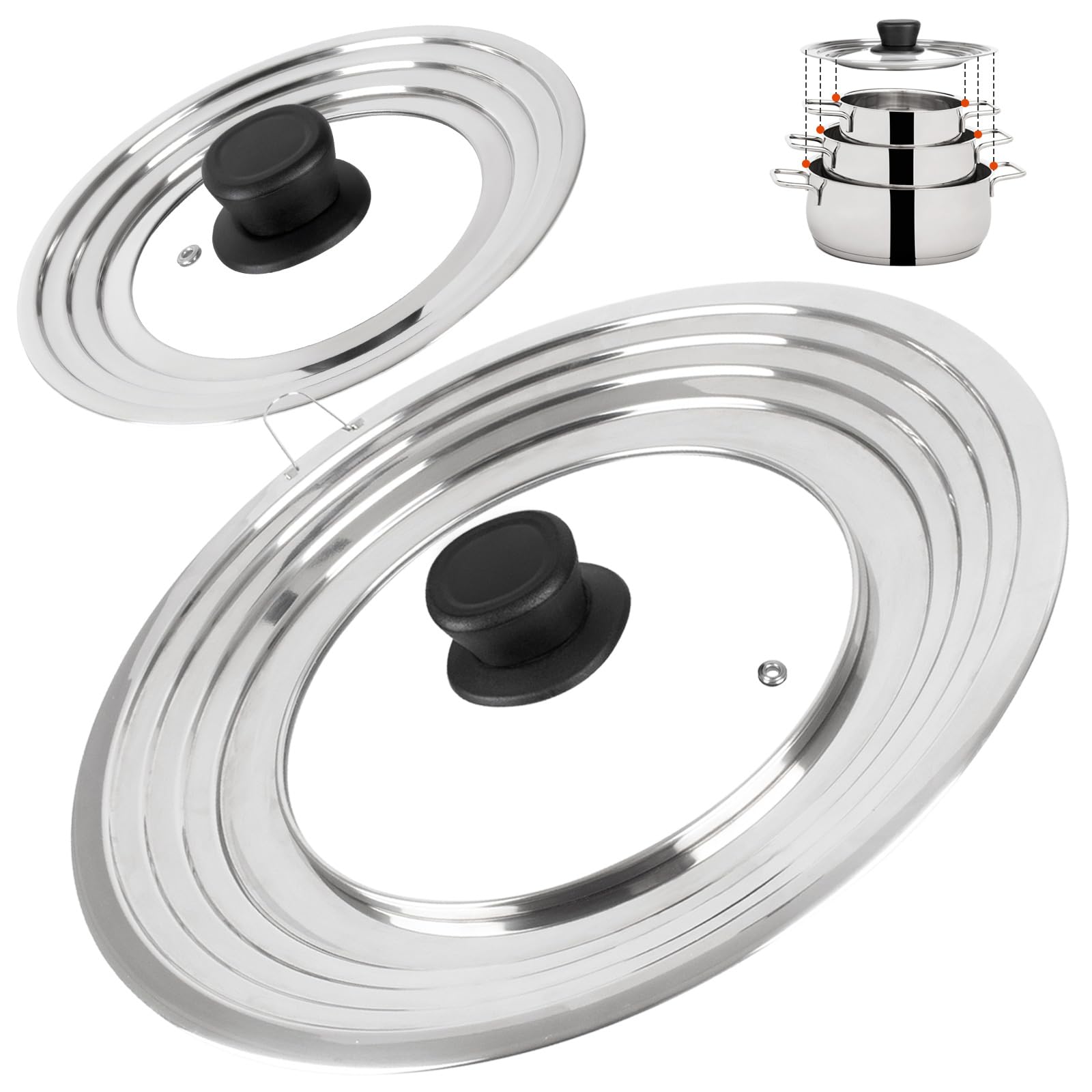 Universal Lid for Pots and Pans Skillets, Pan Cover with Tempered Glass Top Fits 6,7,8 Inch & 8.2, 9, 10, 11, 12 Inch Cookware, Stainless Steel Replacement Frying Pan Cover, Cast Iron Lids