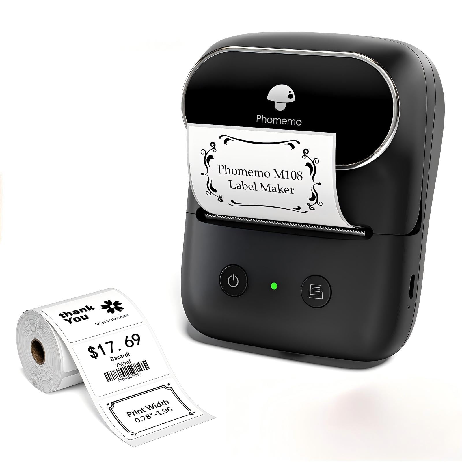 Phomemo Label Maker- M108 Bluetooth Sticker Printer, 2 Inch Barcode Label Makers with 300+ Templates and 1000+ Icons, Address Label Printer for Small Business, Home, Logo, Black