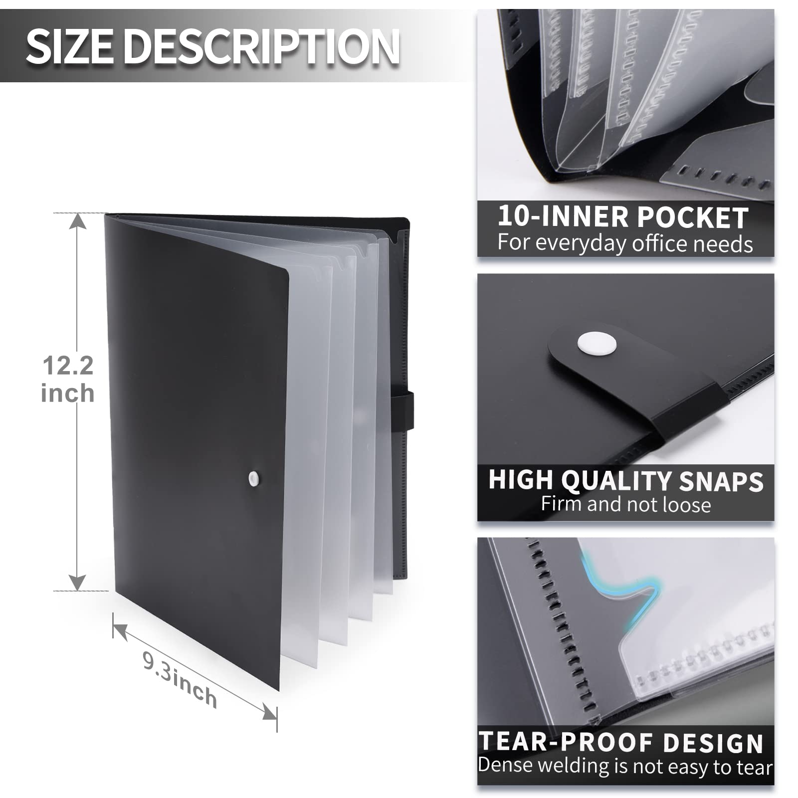 Cesil 3 Packs 10-Pocket File Folder, Letter A4 Paper Project Organizer Folders with Snap Button, Plastic Document Organizer for School Office Home