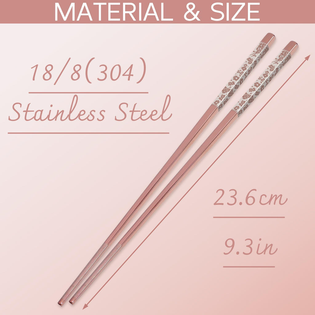 Chopsticks Reusable 18/8 Stainless Steel Chopsticks Pink Sakura Laser Engraved Metal Chop Sticks Non-Slip Dishwasher Safe Japanese Korean Chopstick for Cooking Eating 5 Pairs Premium Gift Set