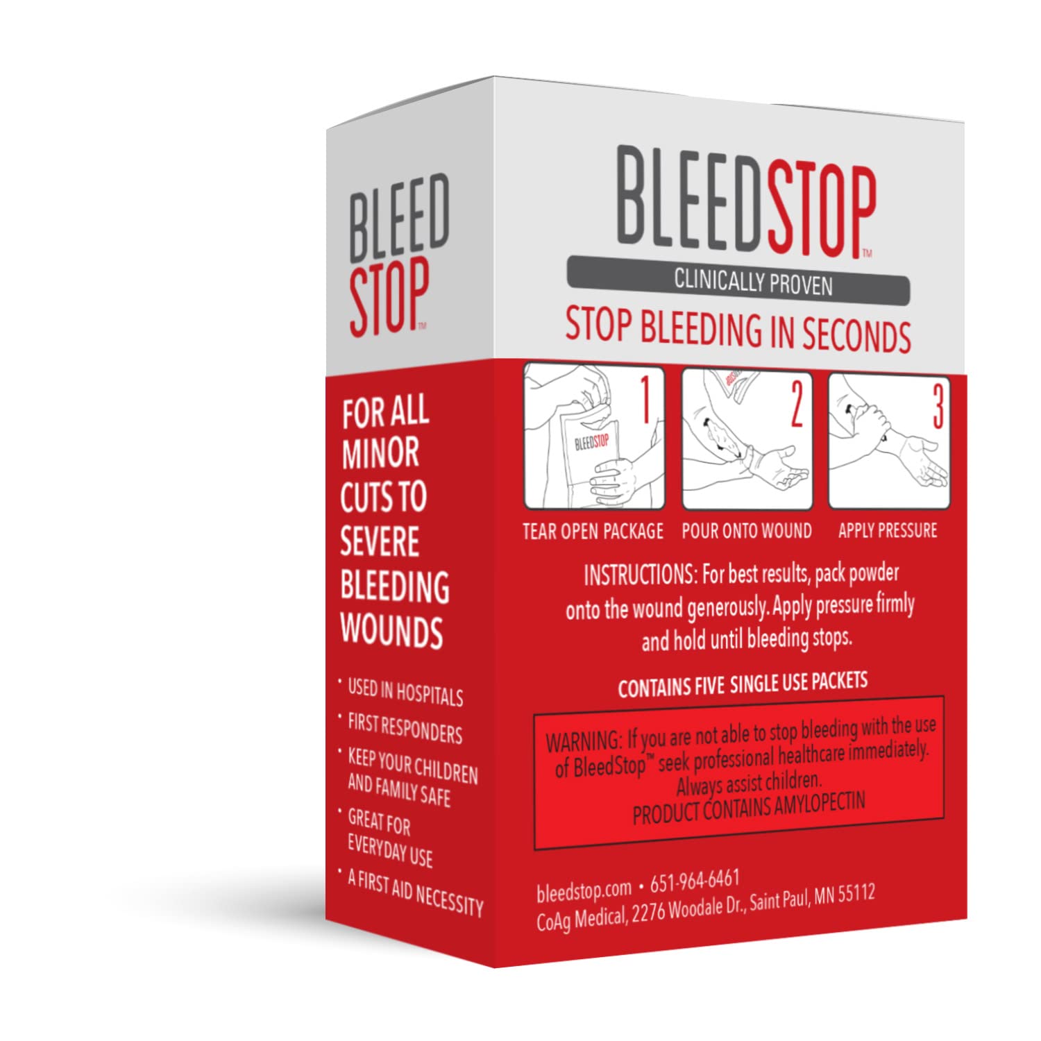 BleedStop First Aid Powder for Blood Clotting, Trauma Kit, Blood Thinner Patients, Camping Safety, and Survival Equipment for Moderate to Severe Bleeding Wounds or Nosebleeds 5 Pack 15g
