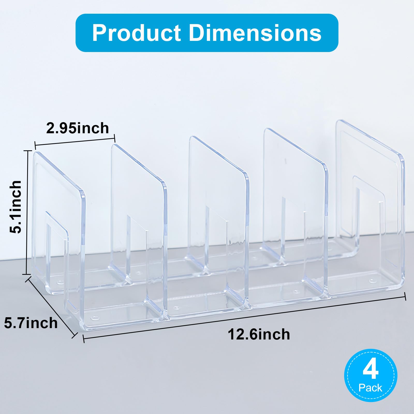 Marte Vanci Clear Acrylic File Sorter, Sturdy Desk File Organizer Shelf Book Holder Purse Handbag Clutch Divider File Folder Rack for Letter Cookbooks Home Office Kitchen Supplies 4 Sections (4 Pack)