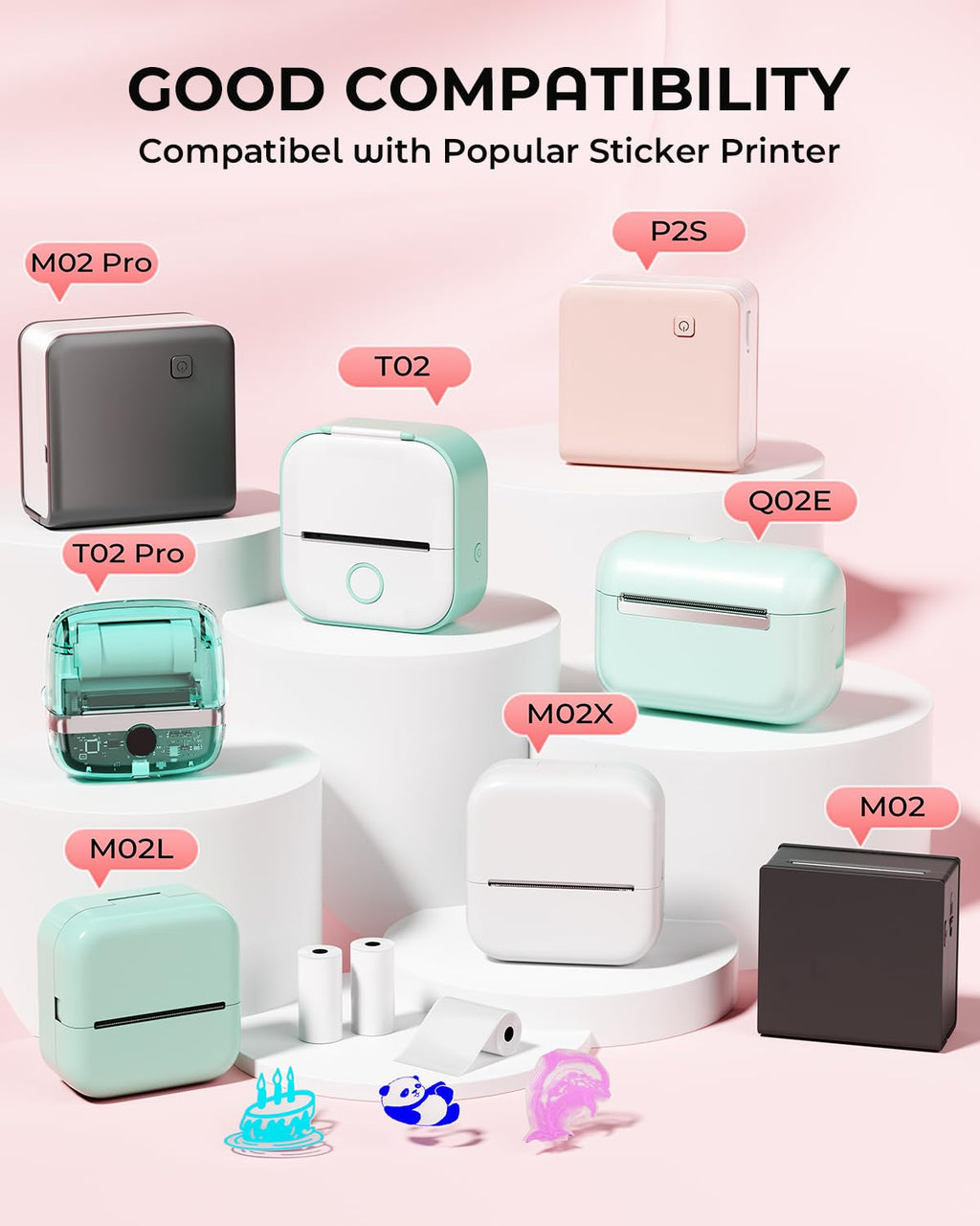 Memoking T02 Color Sticker Paper - Colorful Transparent Sticky T02 Mini Printer Sticker Paper Refill, 50 mm x 3.5 m, Keep for 20 yrs, for Journal Photo Study Notes, 3 Rolls