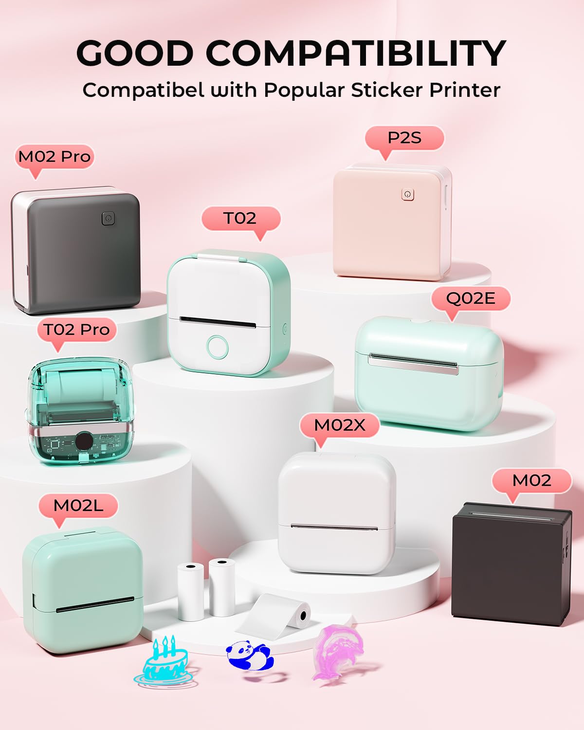 Memoking T02 Color Sticker Paper - Colorful Transparent Sticky T02 Mini Printer Sticker Paper Refill, 50 mm x 3.5 m, Keep for 20 yrs, for Journal Photo Study Notes, 3 Rolls