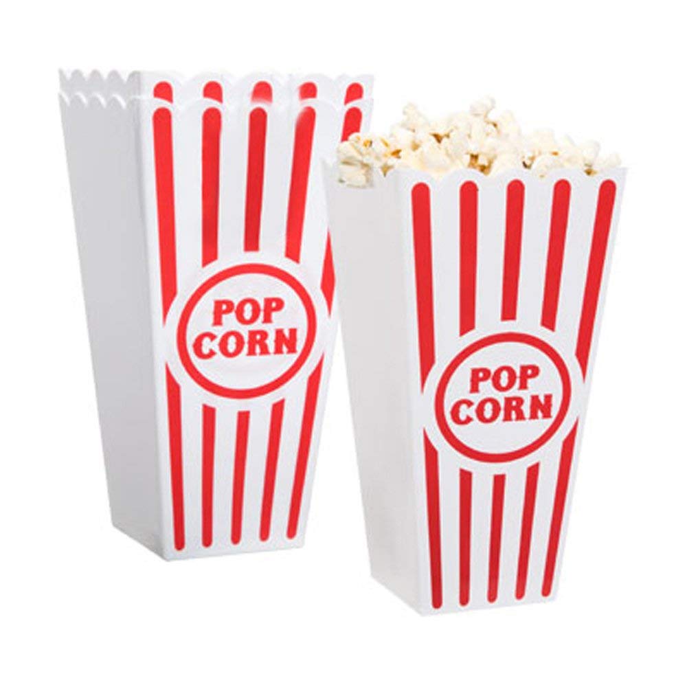[Novelty Place] Plastic Red & White Striped Classic Popcorn Containers for Movie Night - 4" Square x 8" Deep (4 Pack)