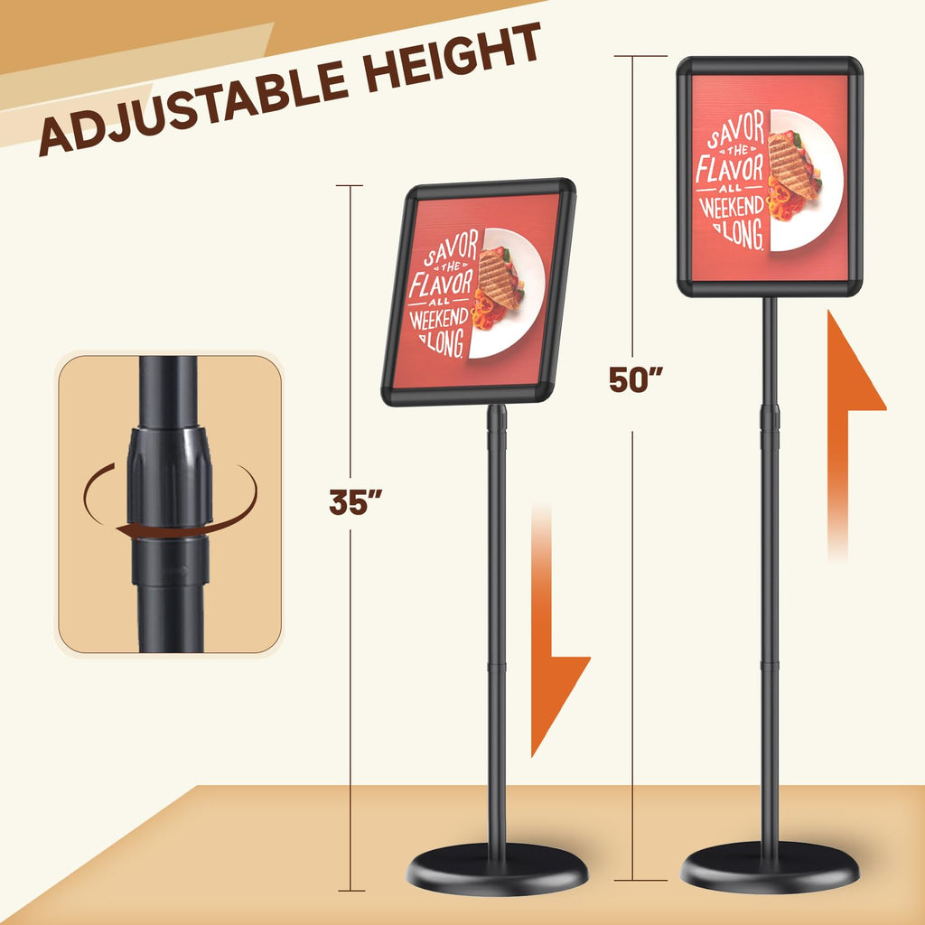 Newzueby Pedestal Floor Stand Sign Holder for 8.5*11 inches Poster or chalk board, Snap open frame,360° Rotation,Outdoor Indoor Standing Display Sign Holders for commerical, directional use, Black