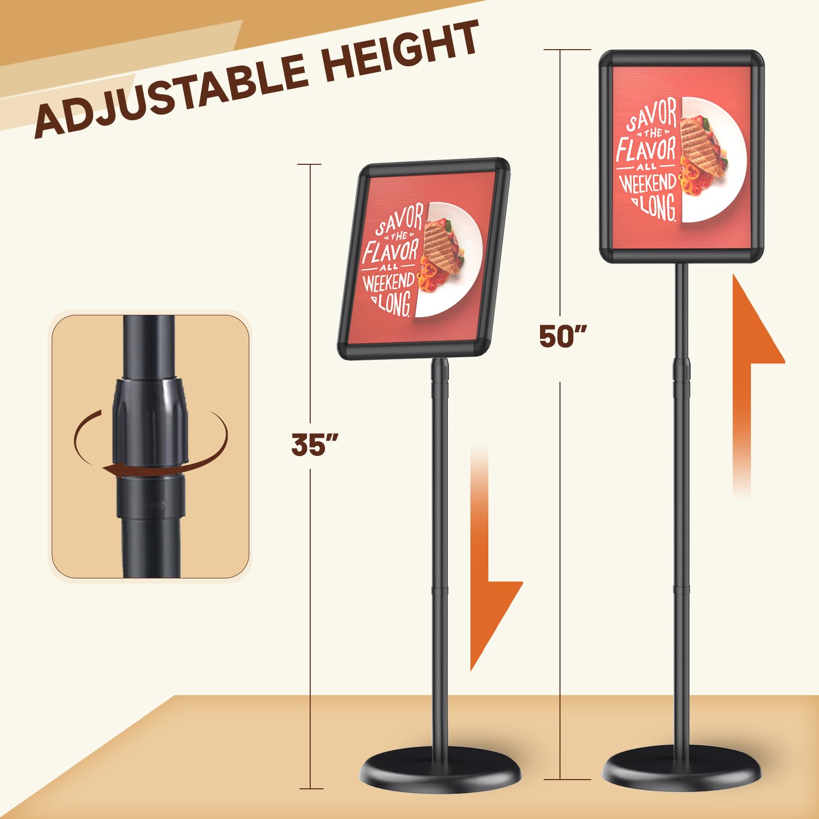 Newzueby Pedestal Floor Stand Sign Holder for 8.5*11 inches Poster or chalk board, Snap open frame,360° Rotation,Outdoor Indoor Standing Display Sign Holders for commerical, directional use, Black