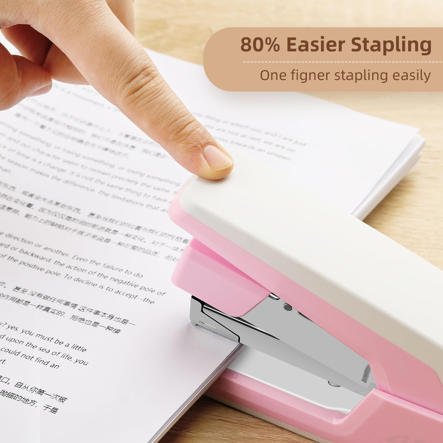 Deli Effortless Desktop Stapler, Heavy Duty Stapler, 40 Sheet Capacity, One Finger, No Effort, Includes Staples & Staple Remover, Pink