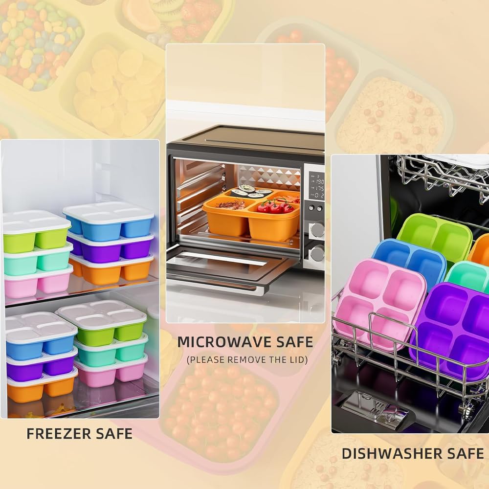 6 Pack Bento Snack Containers Set，Reusable 4 Compartment Divided Food Storage Containers with Lids Stackable for School, Work, and Travel